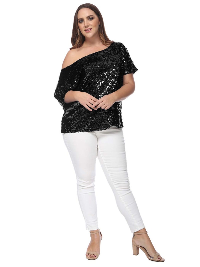 Anna-Kaci Women's Plus Size Sequin Sexy One Shoulder Short Sleeve Party Club Top, Black, 2X-Large - Image 5